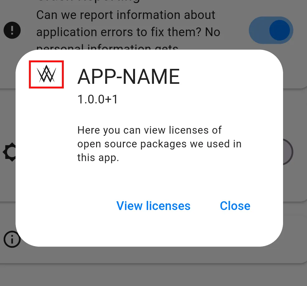 Een screenshot van het ‘over’-dialoogvenster van een app.