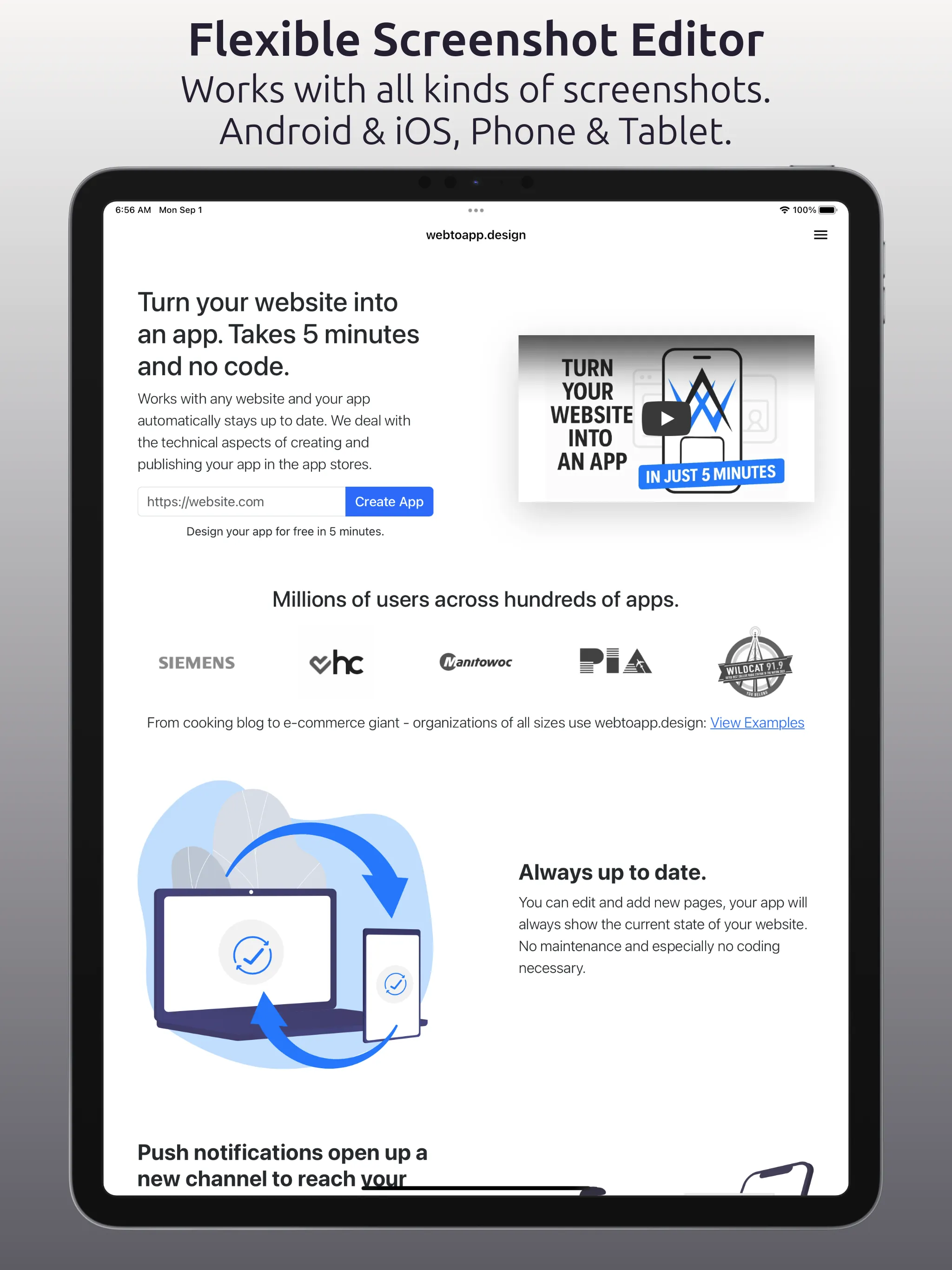 An iPad screenshot of the app-control-panel.com app with the text "Flexible Screenshot Editor: Works with all kinds of screenshots. Android & iOS, Phone & Tablet." above it.