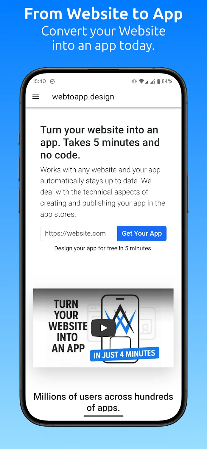 A phone screenshot of the app-control-panel.com app with the text "From Website to App: Convert your Website into an app today" above it.