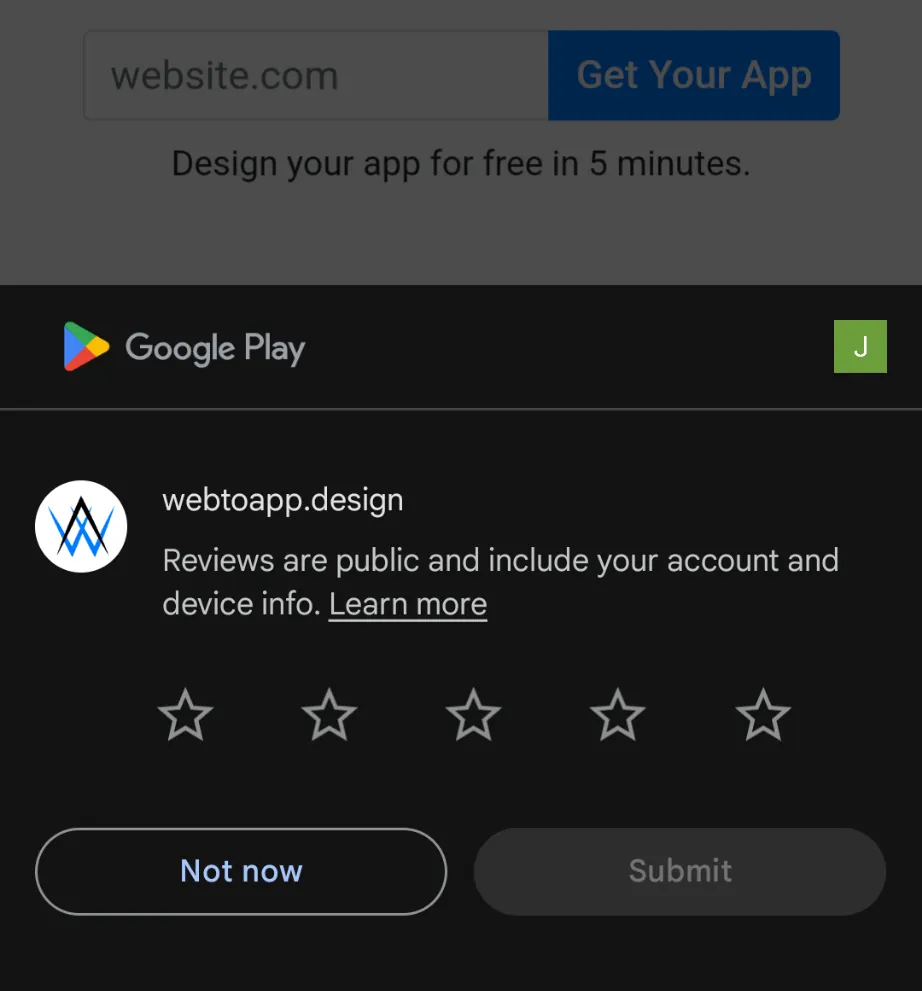 A screenshot of the native Android review reminder, which lets the user select one to five stars.