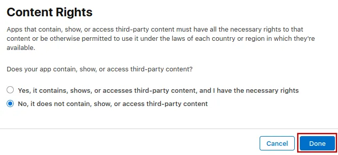 Screenshot del pulsante per impostare i diritti dei contenuti.