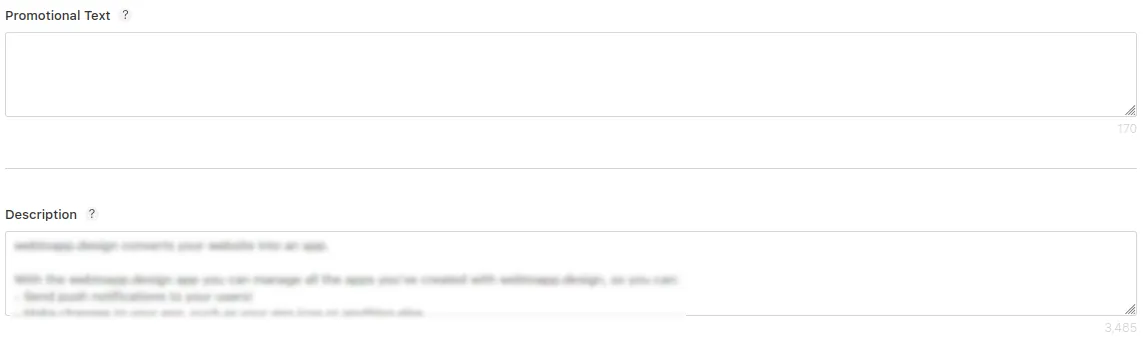 A screenshot of the promotional text and description text fields.