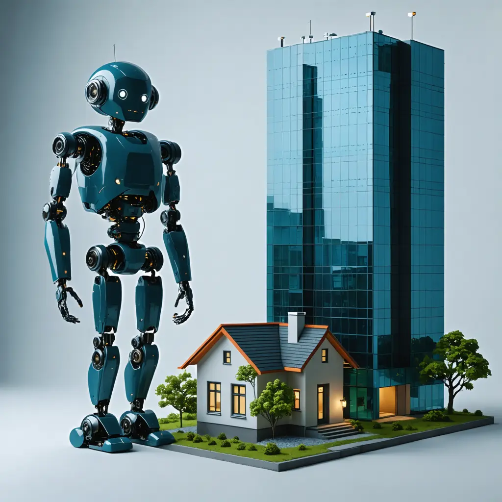 A humanoid robot standing next to a small house next to a huge office building, digital art