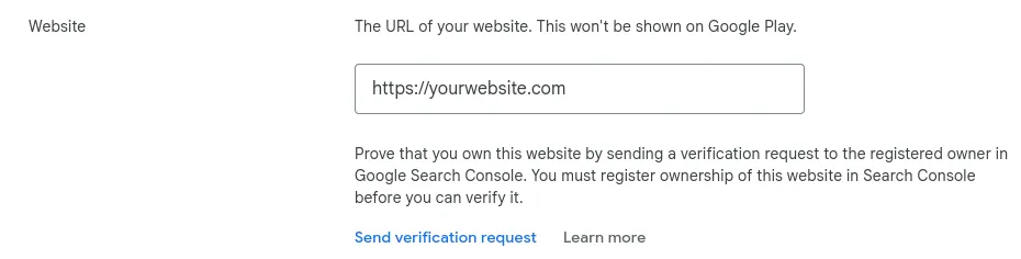 A screenshot of the website section of the "About You" section of the Google Play Console.