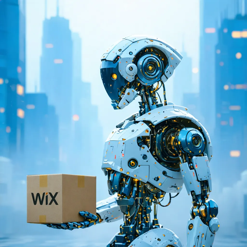 A humanoid robot holding a package with the Wix logo in his hands, digital art