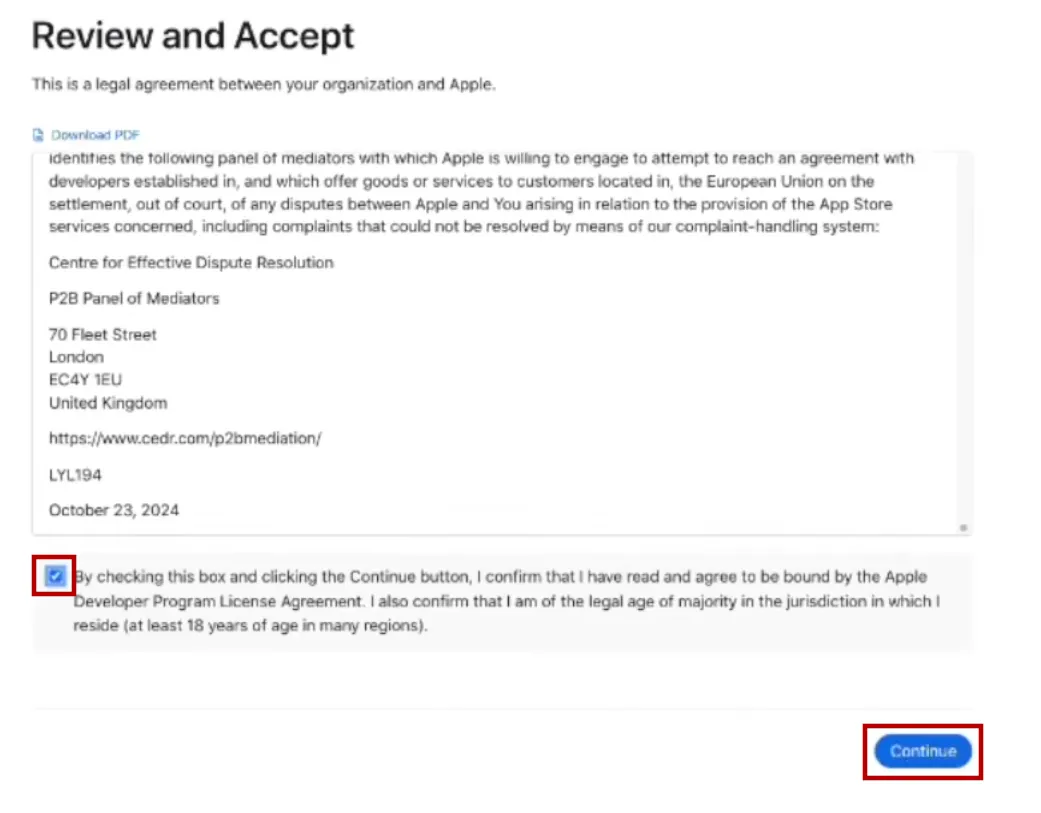 A screenshot of Apple's developer program license agreement.
