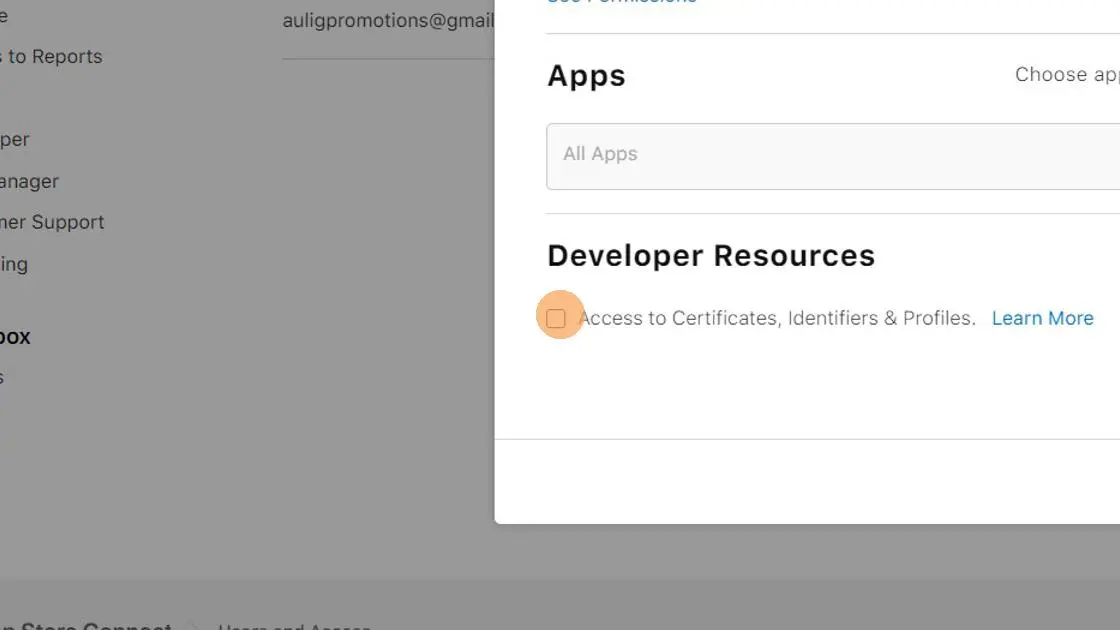 A screenshot of the checkbox 'Access to Certificates, Identifiers & Profiles'