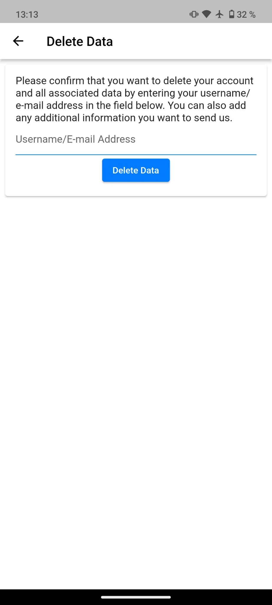A screenshot of the screen where users can enter their e-mail address to request account deletion.