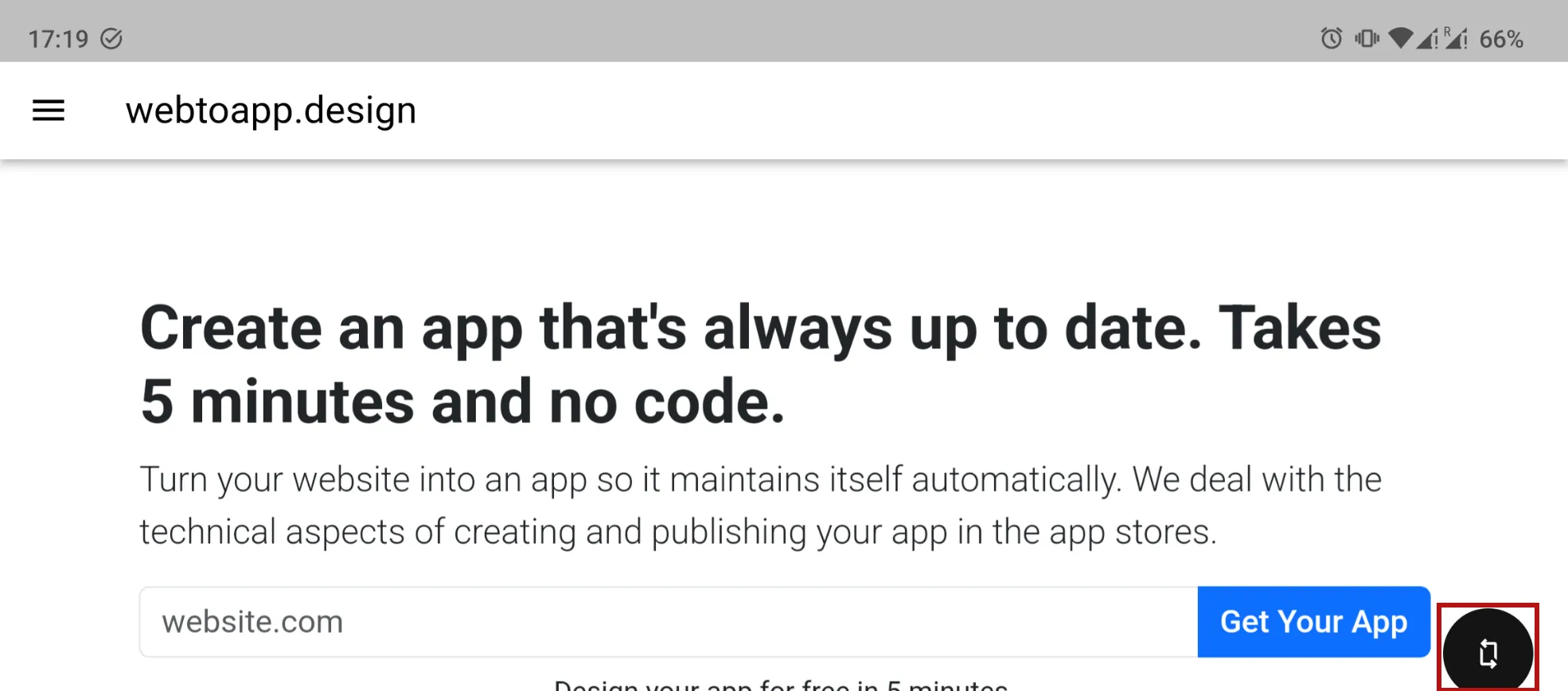 A screenshot of the app-control-panel.com Android app showing the rotation button in the bottom right of the screen.