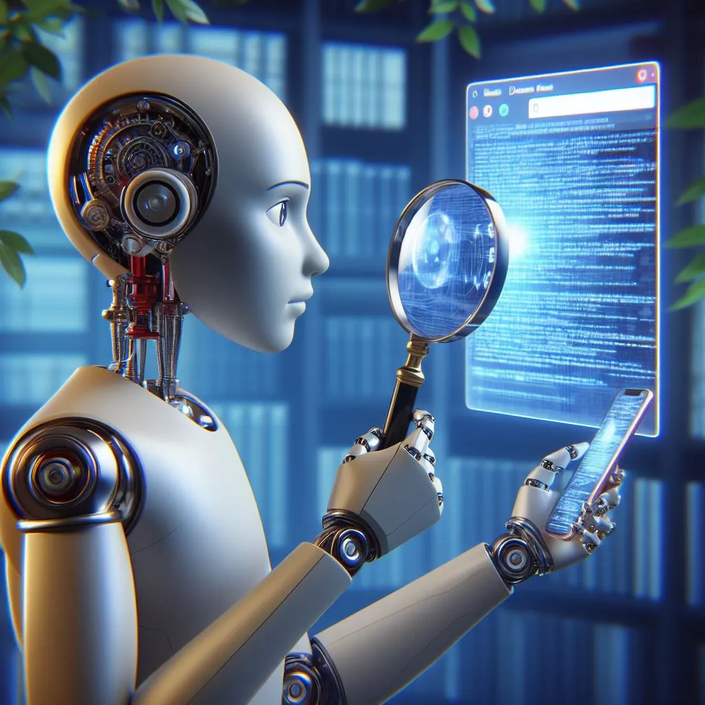 A humanoid robot inspecting an app and a browser to find differences, digital art