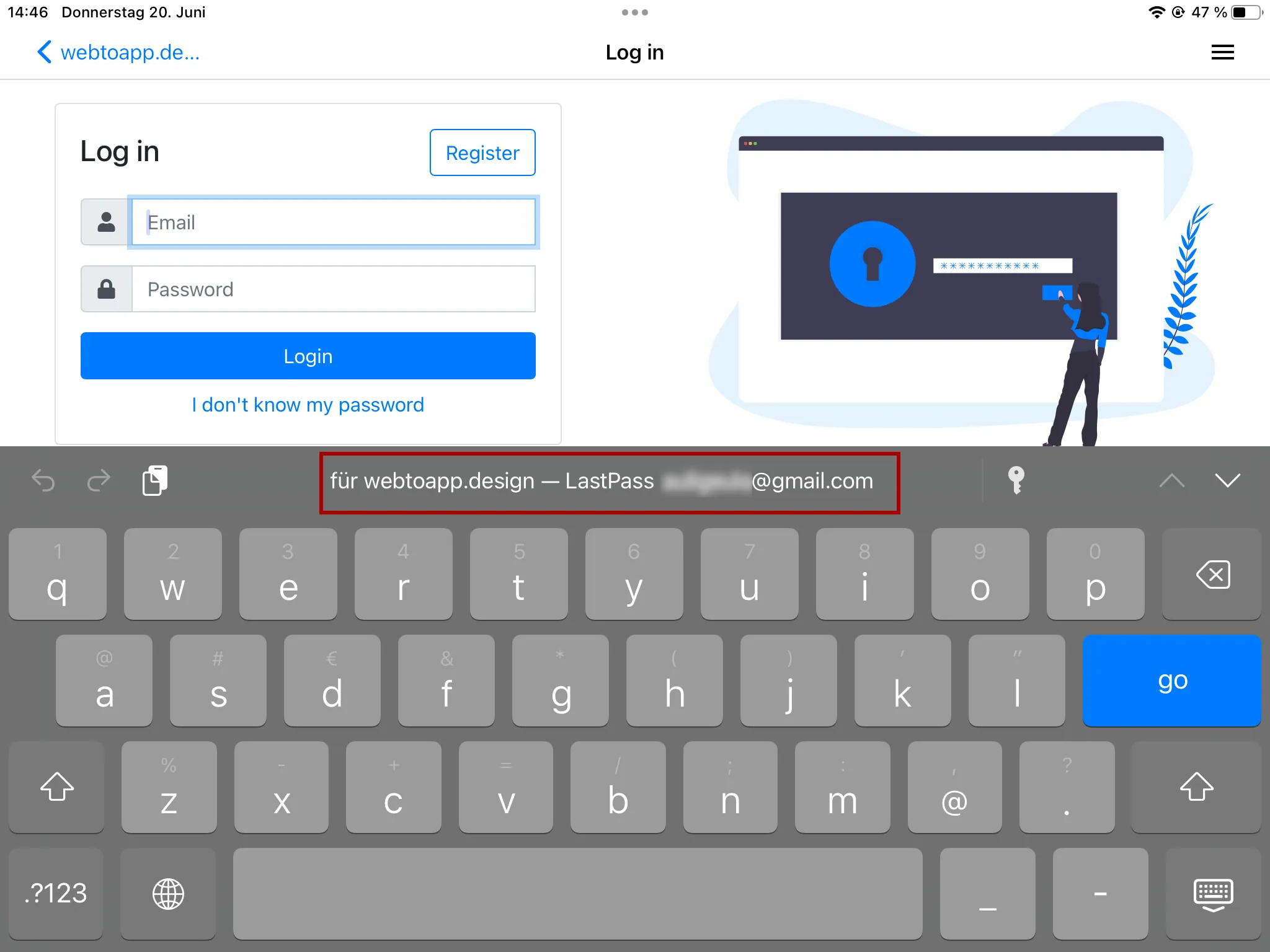 A screenshot of the iOS keyboard offering to automatically fill out the login details saved for the app-control-panel.com app using LastPass.