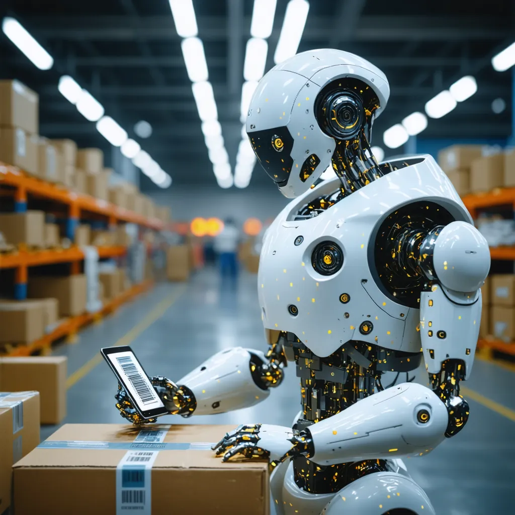 A humanoid robot registering a package name on a verification console, digital art