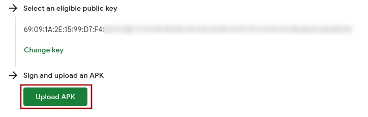 Une capture d’écran du bouton « Upload APK » sur la page de vérification du développeur.