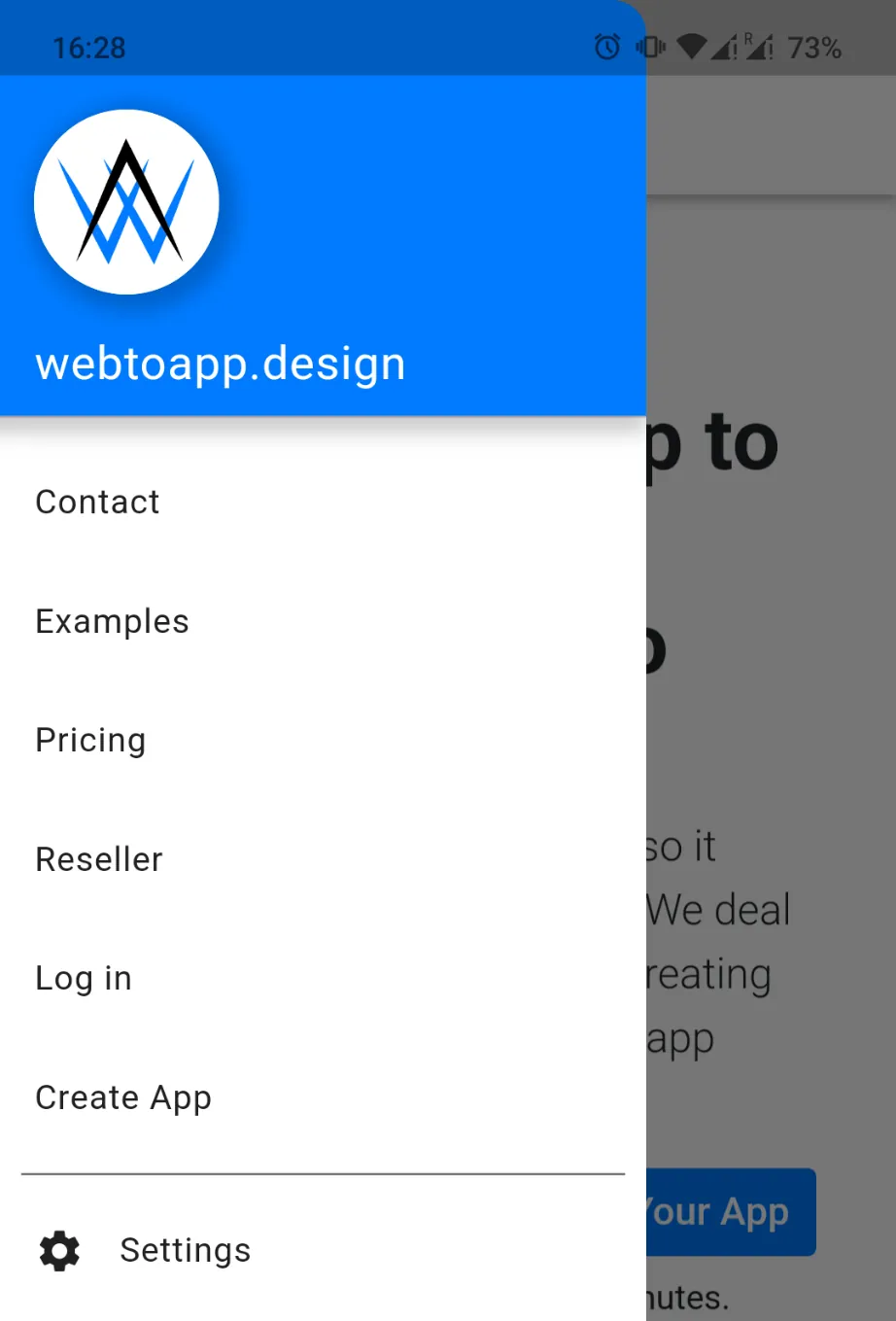 A screenshot of the app-control-panel.com app's drawer menu with the settings menu item at the bottom left.