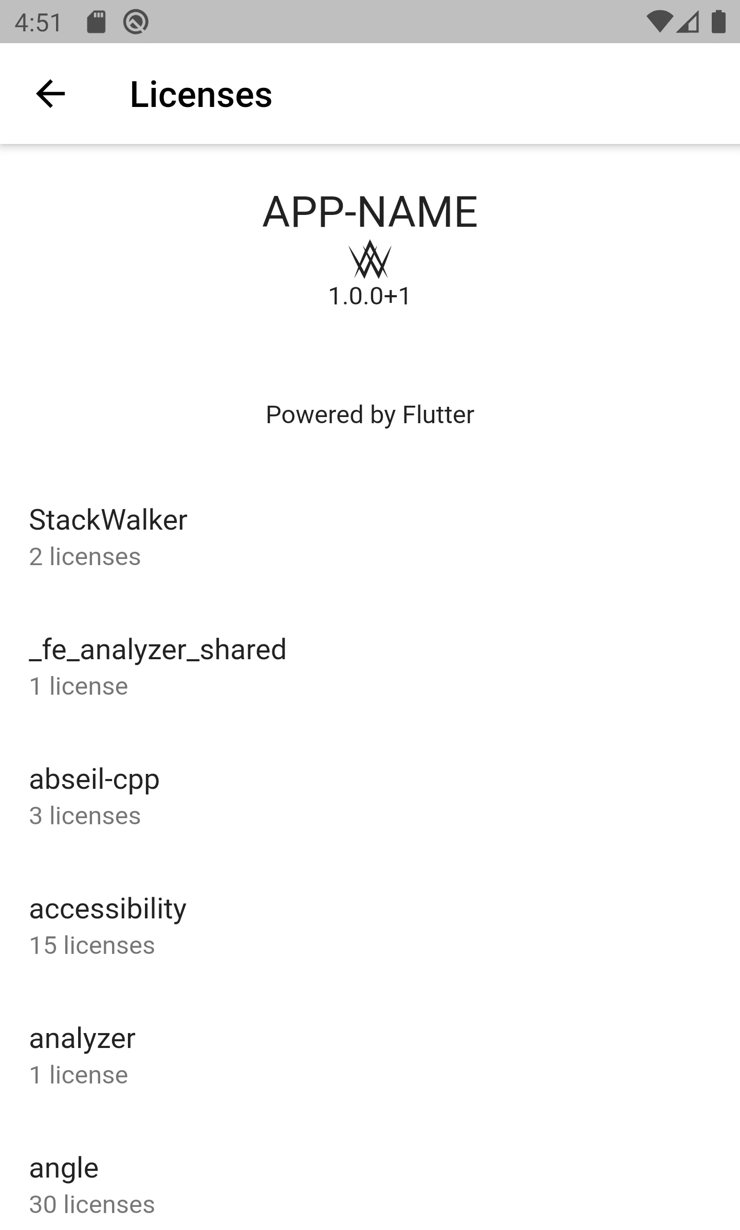 A screenshot of the page that shows the licenses in the app