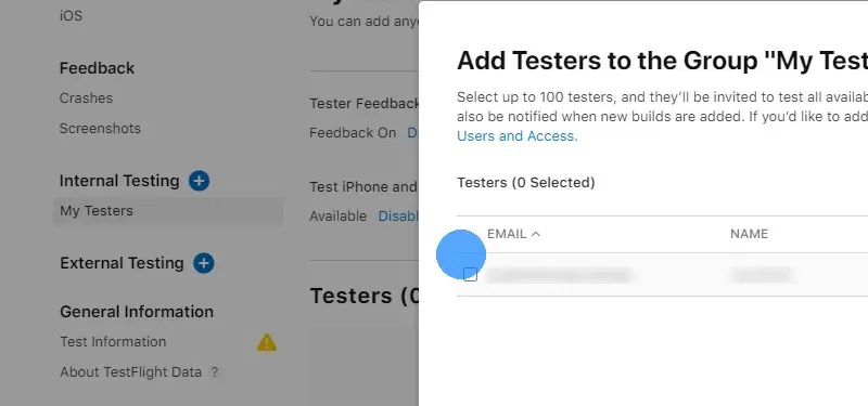 You can now select testers from all the users that are members of your developer account. In most cases, unless you've previously added more users, you will only see your own account and our app-control-panel.com account.
