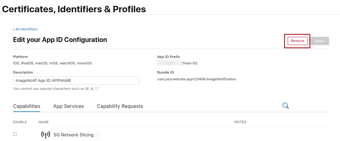 A screenshot of the image notification App ID details with the Remove button highlighted.