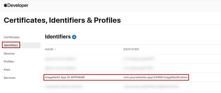 A screenshot of the Apple Developer identifier list with the image notification App ID highlighted.
