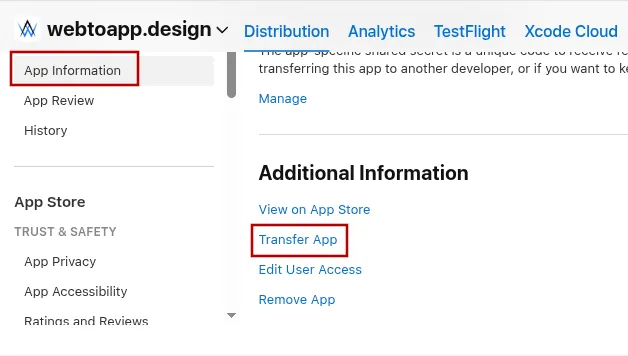 A screenshot of the Additional Information section in App Store Connect with the Transfer App button highlighted.