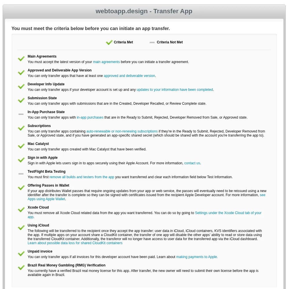 A screenshot of the app transfer criteria page.