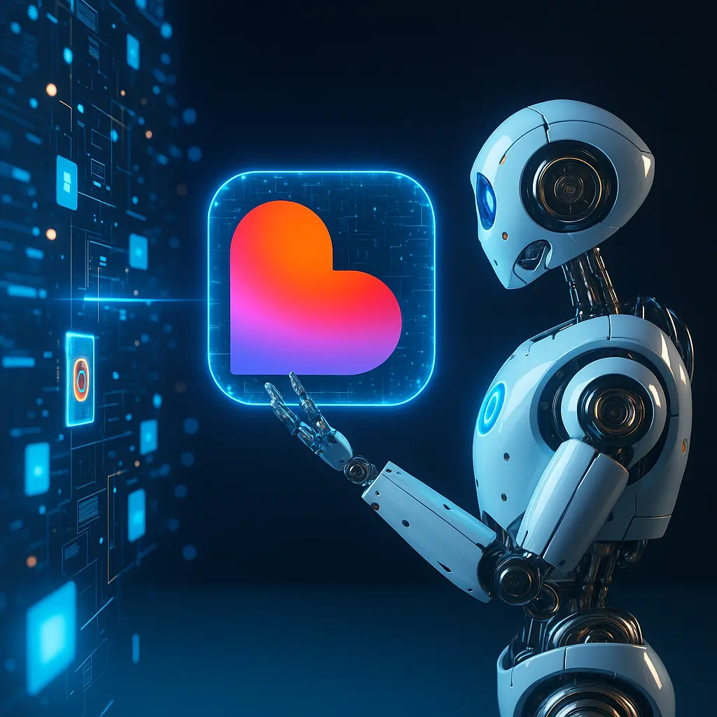 A humanoid robot pointing at the Lovable logo, digital art