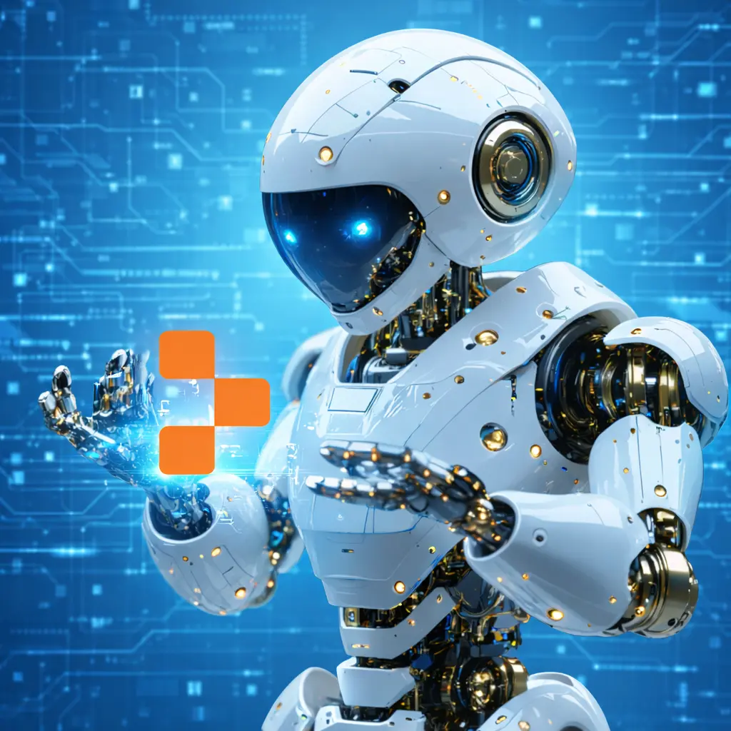 A humanoid robot holding the Replit logo in his hands, digital art
