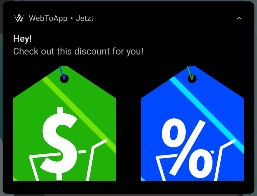 An Android push notification saying that the user has a discount available. The notification also has an image of the discount attached.
