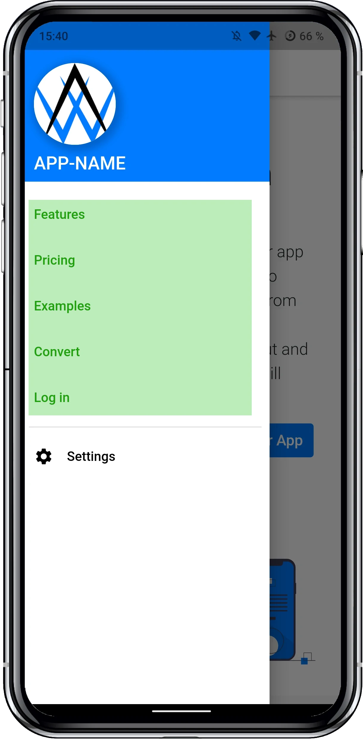 A screenshot of our app with the drawer menu opened.