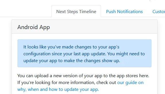 A screenshot of the app-control-panel.com app dashboard with a message saying that an app update is required.