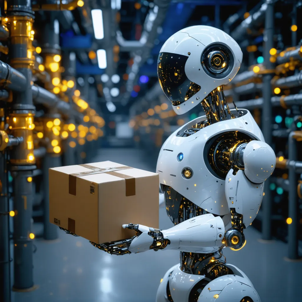 A humanoid robot sending a package through a release pipeline, digital art