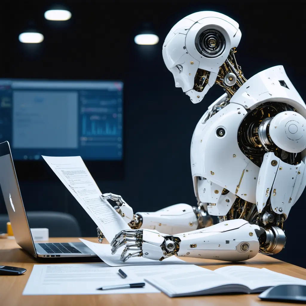 A humanoid robot checking documents at a verification desk, digital art