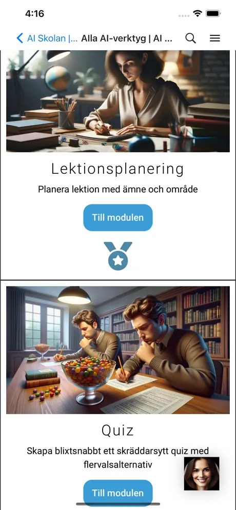Graphic showing a screenshot of the AI Skolan app that we developed based on the respective website