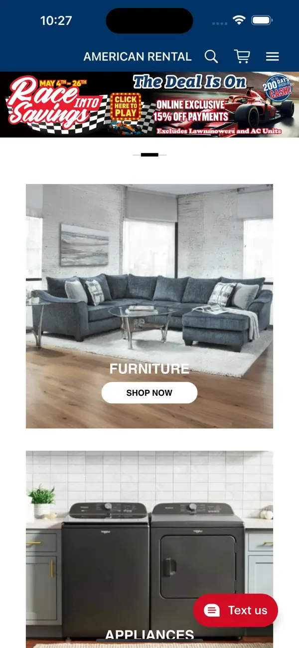 Graphic showing a screenshot of the AMERICAN RENTAL app that we developed based on the respective website