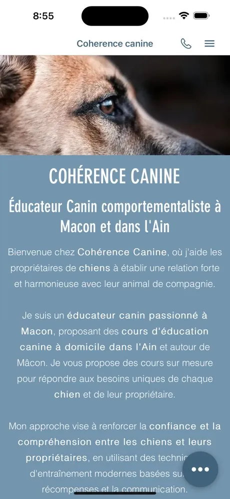 Graphic showing a screenshot of the Cohérence canine app that we developed based on the respective website
