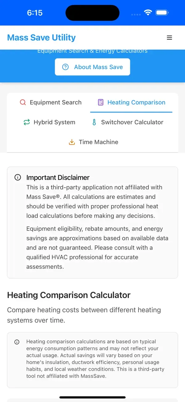 A screenshot of the MassSaveUtility mobile app created by converting their website into an app