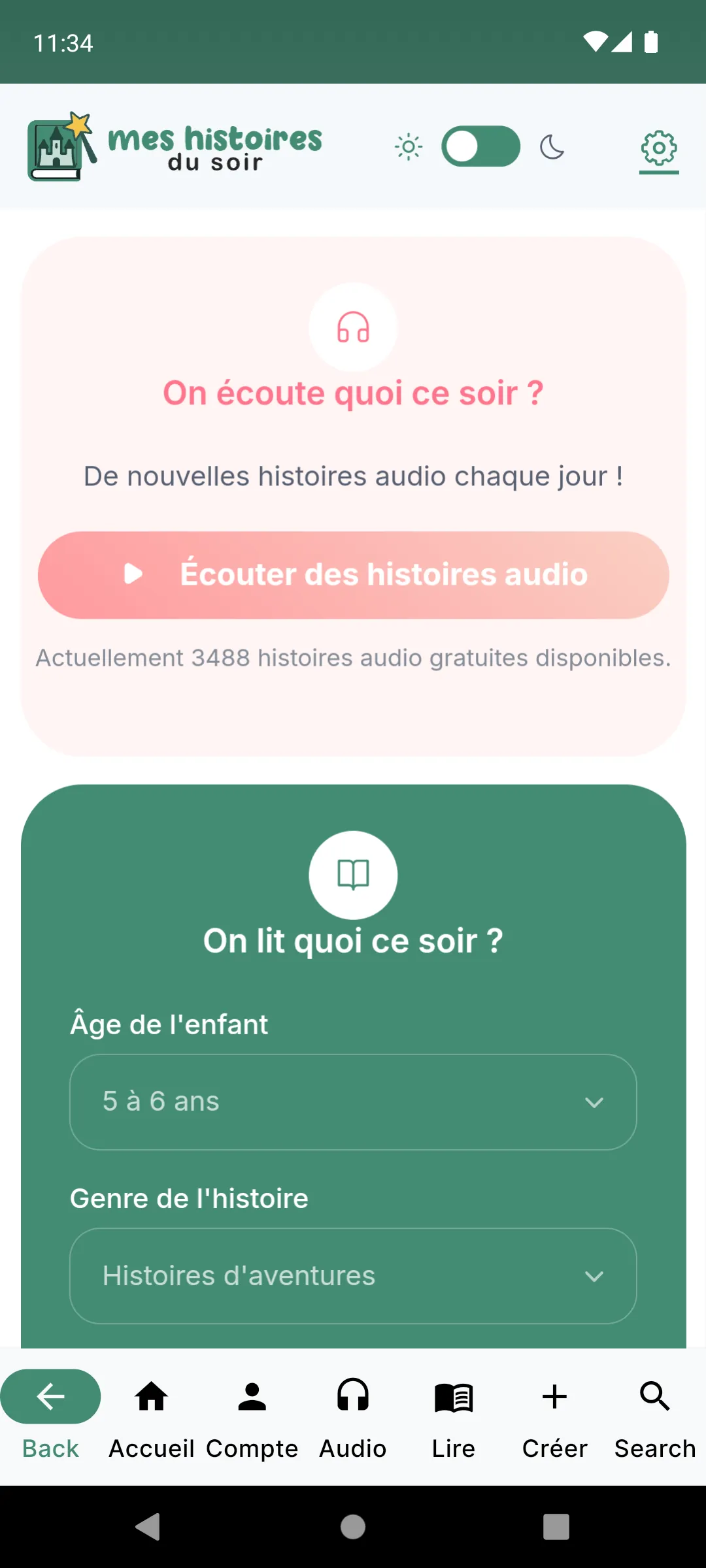 A screenshot of the Mes Histoires mobile app created by converting their website into an app