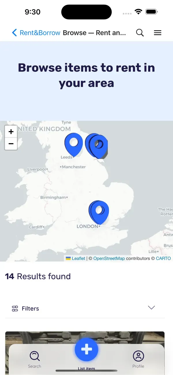 Graphic showing a screenshot of the Rent&Borrow app that we developed based on the respective website