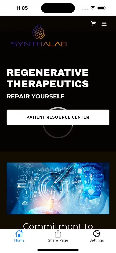 A screenshot of the Synthalab mobile app created by converting their website into an app
