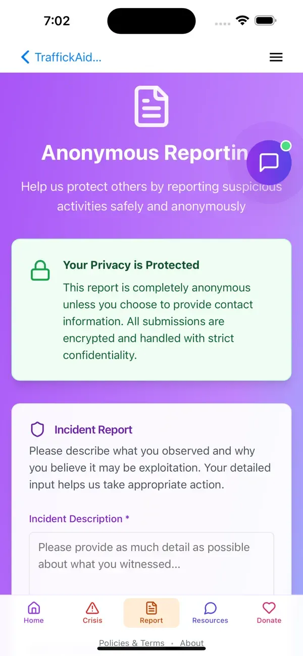 Graphic showing a screenshot of the TraffickAid app that we developed based on the respective website