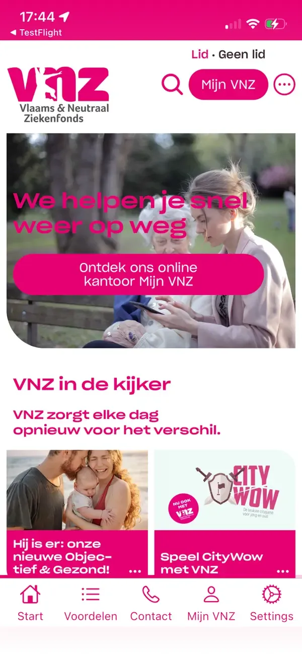 A screenshot of the VNZ mobile app created by converting their website into an app