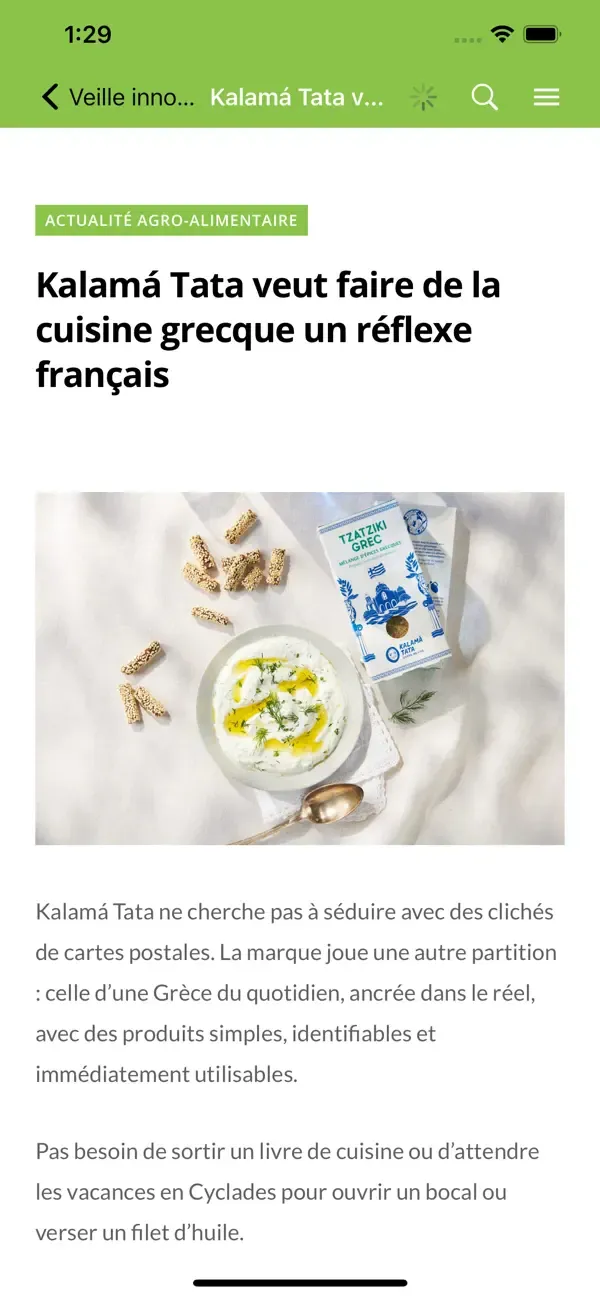 A screenshot of the Veille innovation alimentaire mobile app created by converting their website into an app